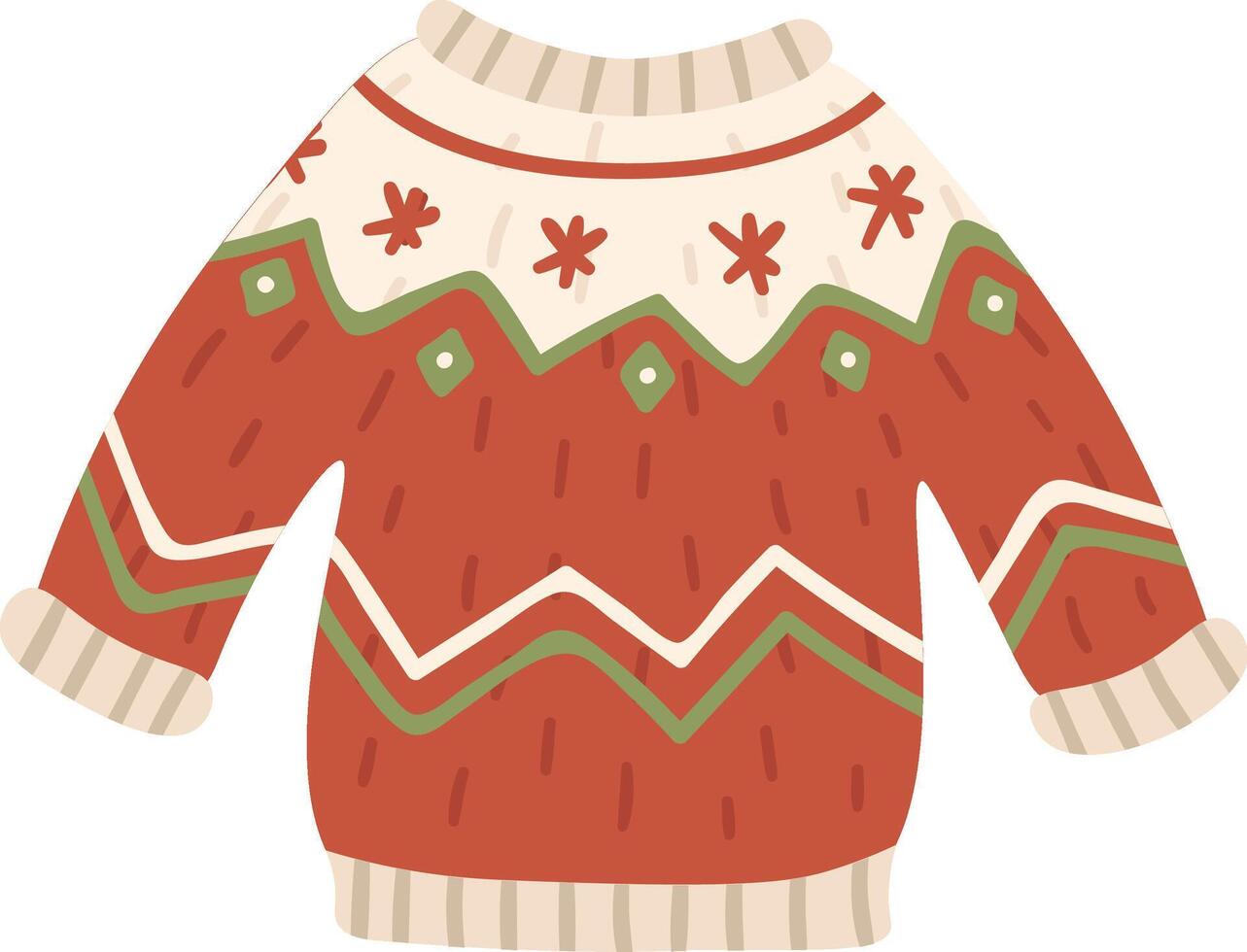 Red and beige winter sweater with green and white decorations and snowflakes, perfect for the holidays season, bringing a cozy and festive atmosphere vector