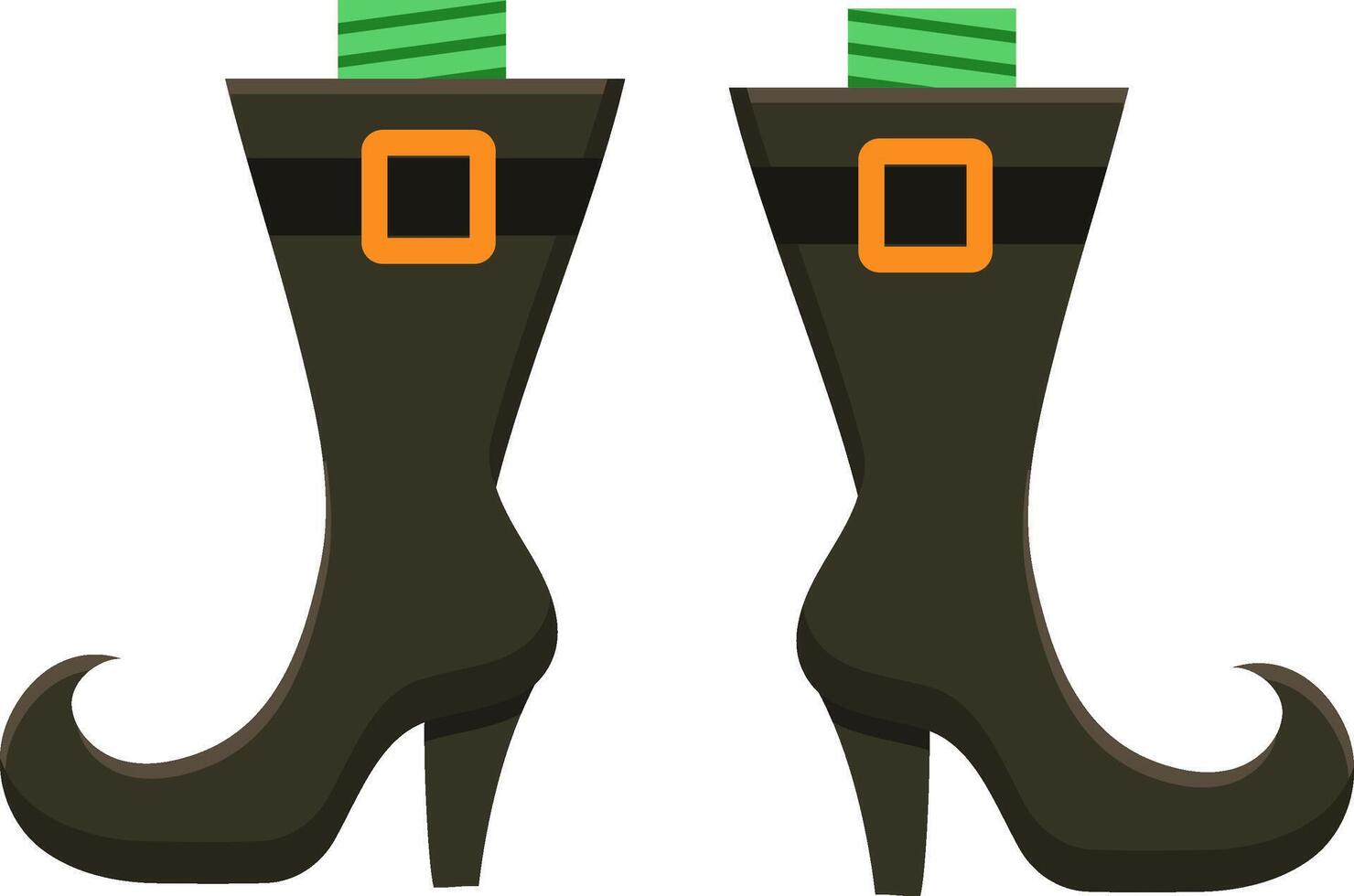 Pair of witch's boots with green socks and orange buckles standing on a white background, creating a spooky and festive Halloween atmosphere vector
