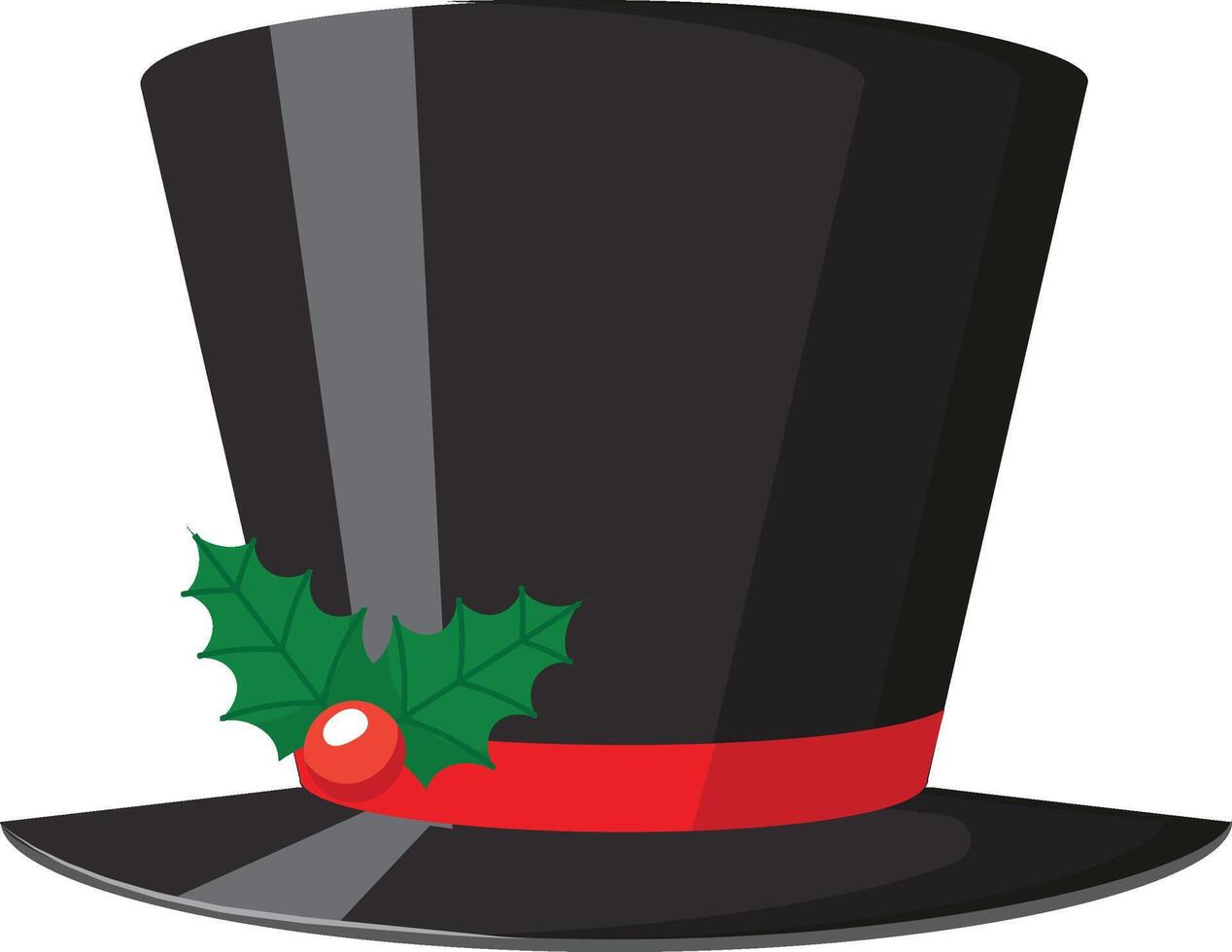 Elegant black top hat adorned with a striking red ribbon and festive Christmas decorations, embodying style and sophistication for winter holiday celebrations and gatherings vector