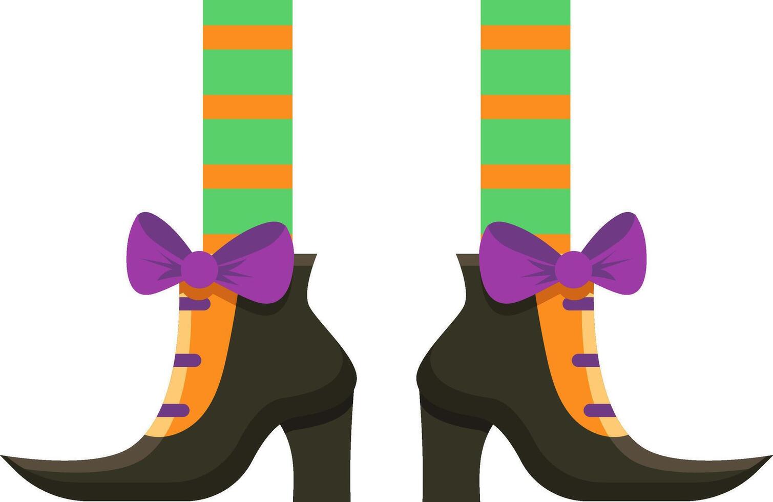 Witch legs wearing green and orange striped stockings and elegant black shoes with purple bows are a fun and spooky addition to any Halloween celebration vector