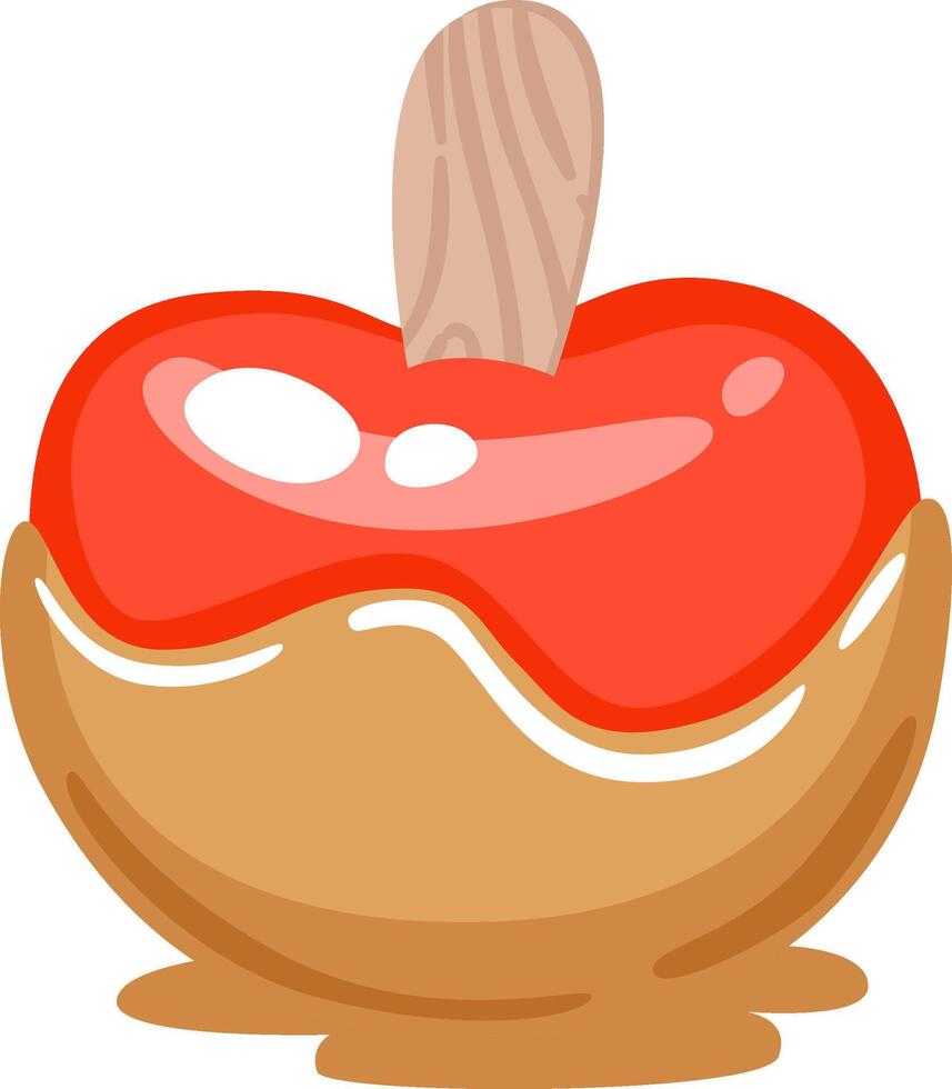 Delicious candy apple, coated in glossy red caramel and dripping from a wooden stick, offering a tempting sweet treat perfect for festive celebrations and autumn gatherings vector