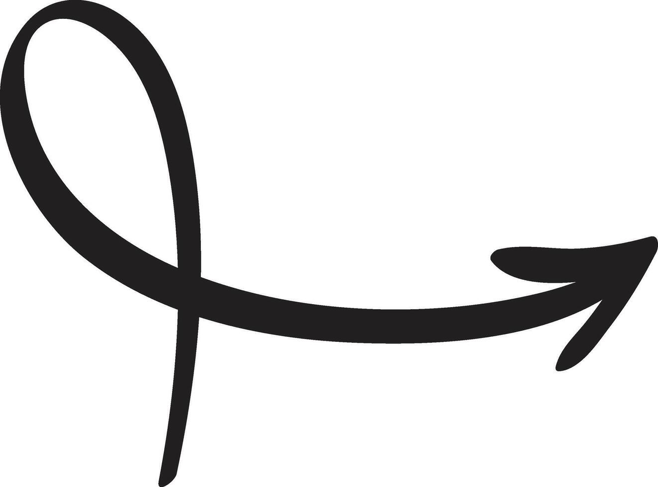 Simple, black, hand drawn arrow pointing to the right, featuring a loop at the beginning, isolated on a white background, ideal for visual communication and design projects vector