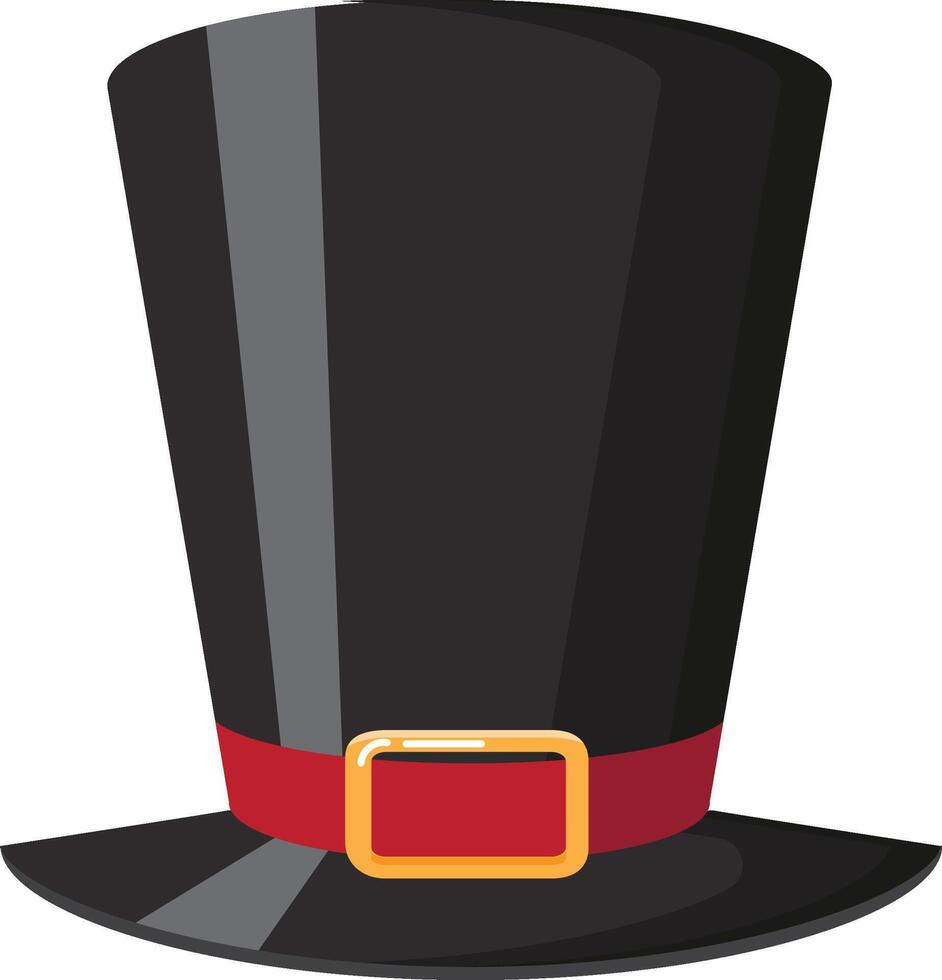 Classic black top hat with red ribbon and golden buckle standing up on a white background, perfect for representing Victorian fashion, historical figures, or formal events vector