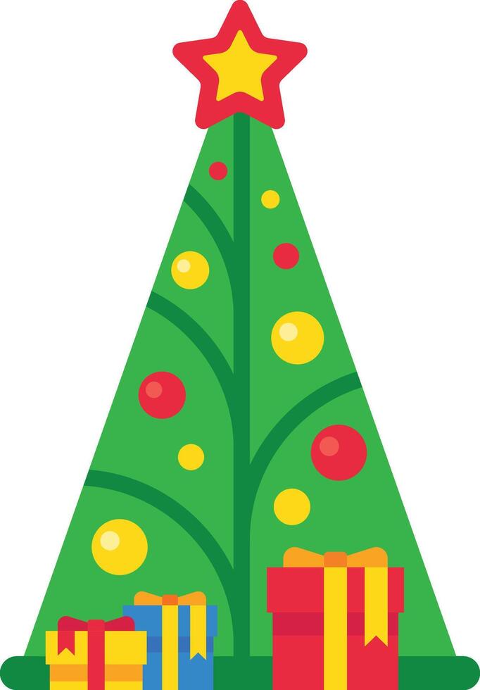Green christmas tree adorned with a bright yellow star and vibrant baubles is joyfully celebrating christmas eve, surrounded by beautifully wrapped gifts placed beneath its branches vector