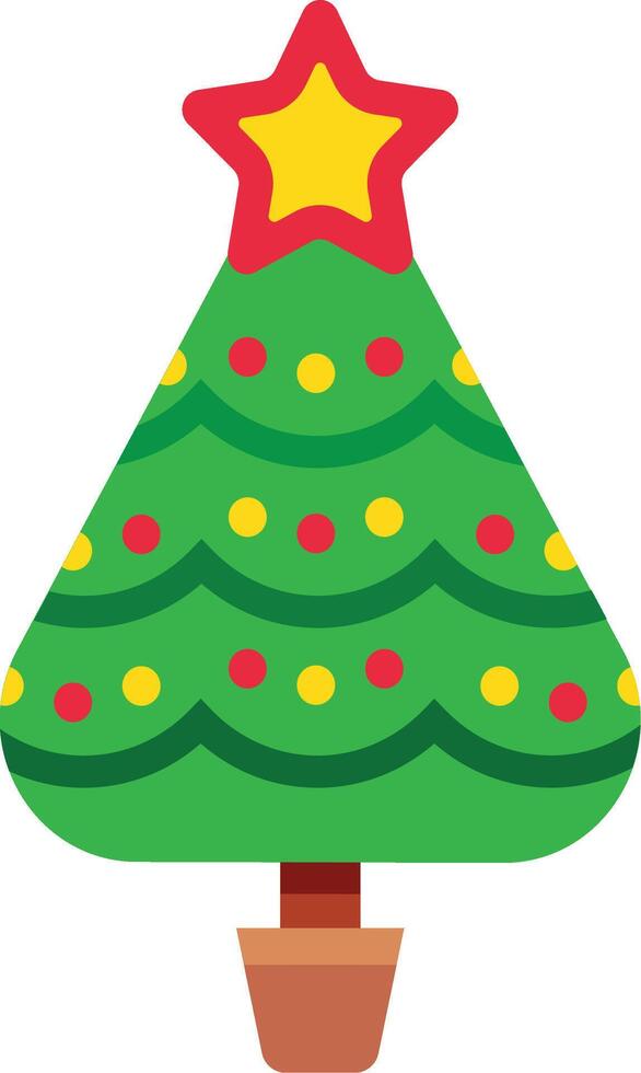 Simple stylized christmas tree with yellow and red star and colorful balls is growing in pot, celebrating christmas time, winter holidays and new year's eve vector