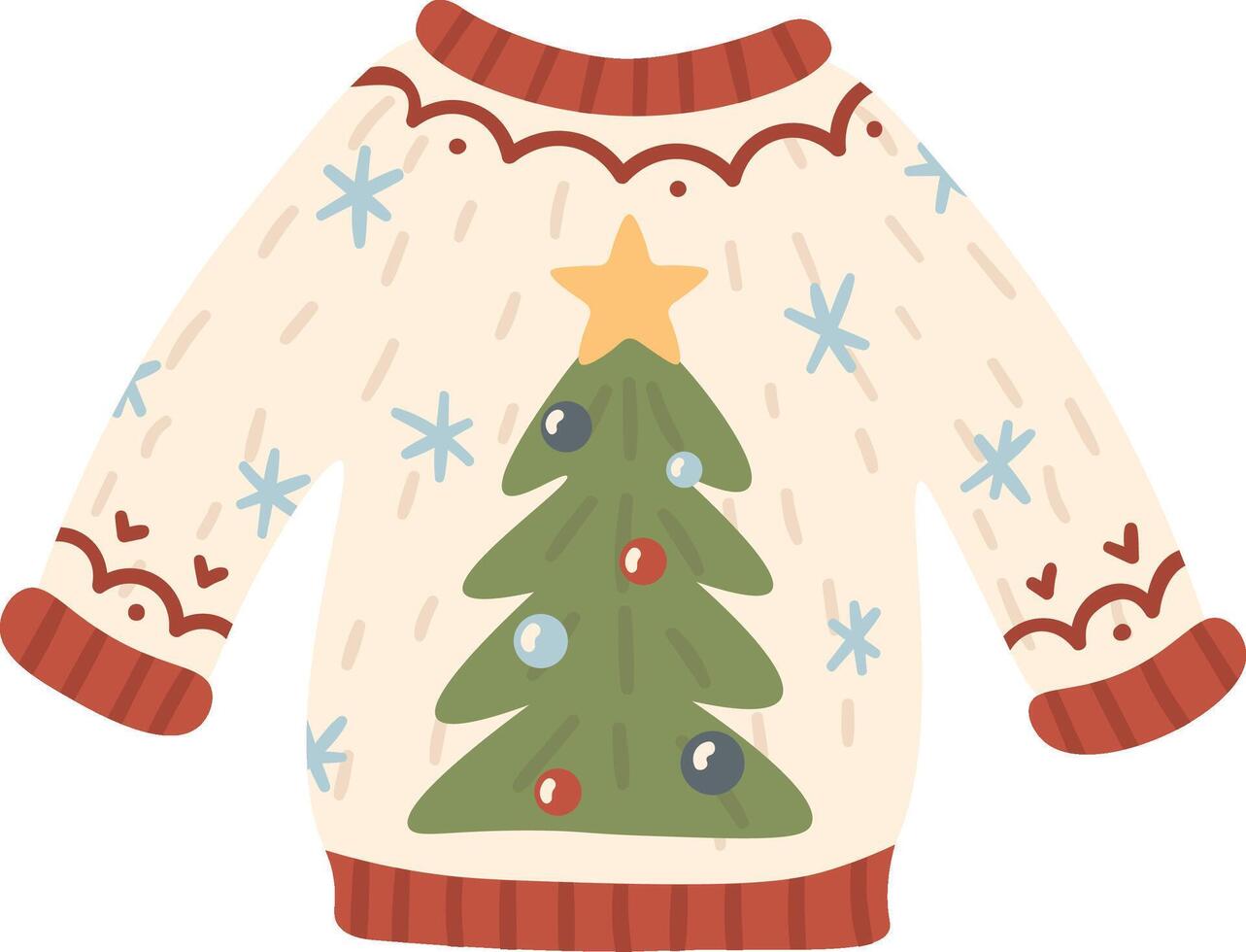 Warm and cozy Christmas wool sweater featuring delightful decorations of Christmas trees and snowflakes, creating the perfect attire for celebrating winter holidays with family and friends vector