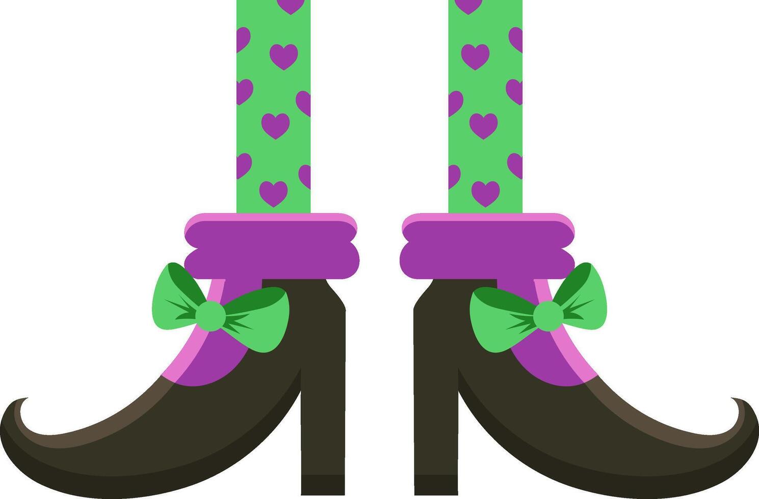 Witch legs wearing fashionable green and purple boots with bows and heart patterned socks, ideal for halloween projects or fantasy illustrations vector