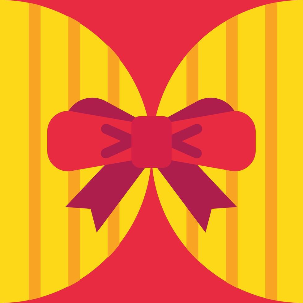 Gift box wrapping paper featuring vibrant yellow and orange vertical stripes, adorned with a striking red and purple bow, creating a lively and festive atmosphere for celebrations vector