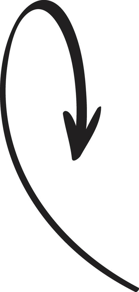Simple, black, hand drawn curved arrow pointing downwards, set against a clean white background, serving as an ideal graphic element for diverse design projects and visual communications vector