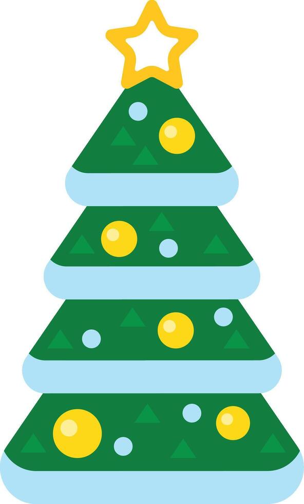 Stylized green christmas tree with yellow balls, small light blue circles and green triangles, topped with a gold star, representing christmas time and winter holidays vector