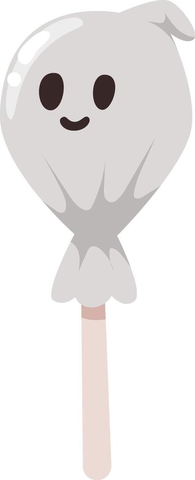 Ghost shaped lollipop smiling, wrapped in plastic and mounted on a stick, perfect for decorating a halloween party with a touch of sweetness vector