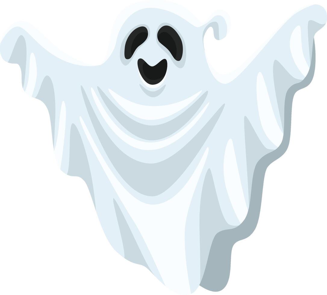 Cartoon illustration featuring a friendly ghost floating with open arms and a cheerful smile, creating a playful vibe perfect for Halloween themed projects and spooky designs vector