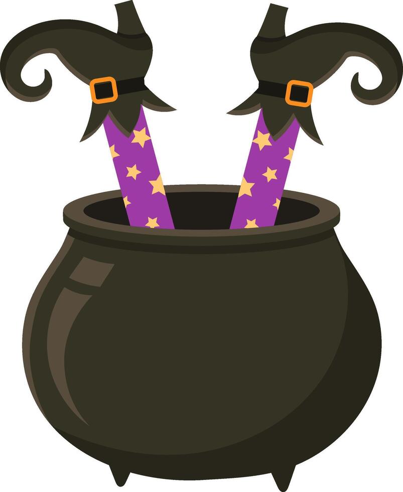 Witch legs adorned with purple stockings and sparkling gold stars are playfully upside down inside a black cauldron, capturing a whimsical and spooky Halloween party vibe vector
