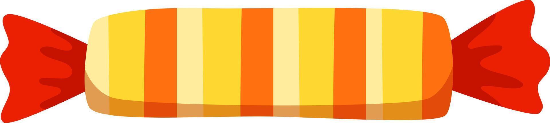 Rectangular hard candy featuring vibrant orange and yellow stripes, wrapped in shiny red paper, eagerly waiting to be unwrapped and savored for a delightful treat vector