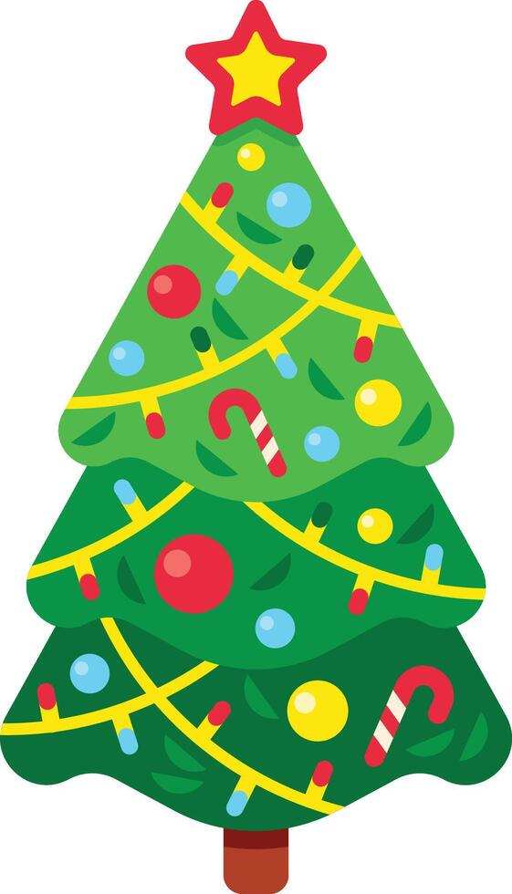 Christmas tree decorated with star, balls, candy canes and lights, is standing up vertically on white background, representing holidays, winter and christmas celebrations vector