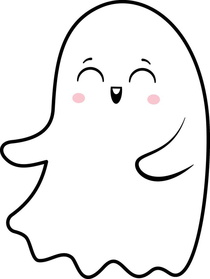 Cartoon friendly ghost smiling with closed eyes, floating with open arms, simple halloween character for kids, isolated illustration vector