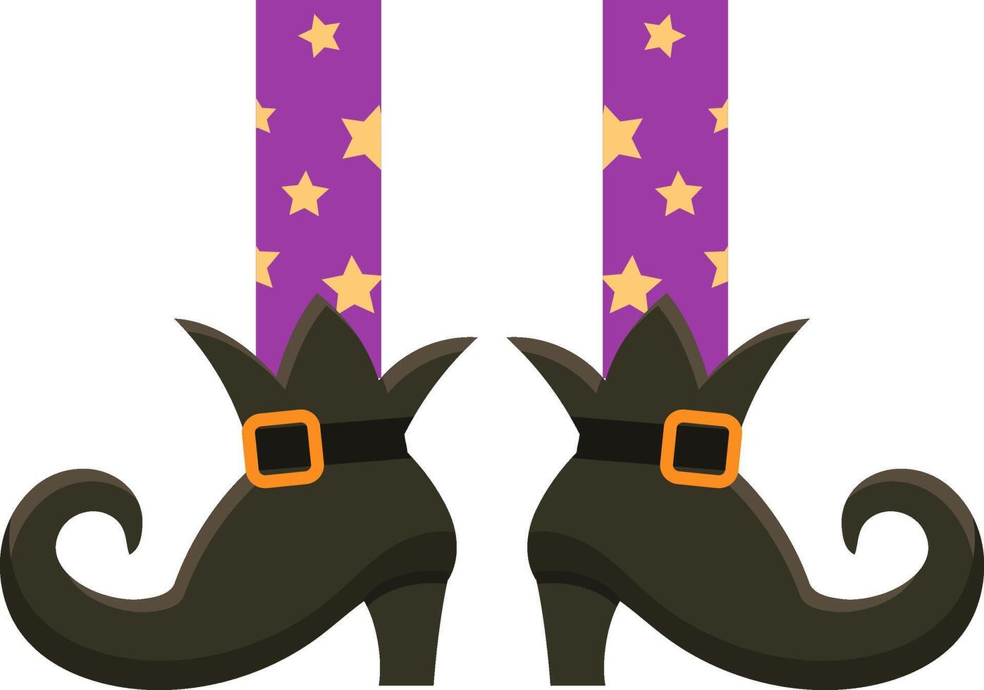 Witch legs adorned with purple stockings featuring gold stars, complemented by classic shoes with curled toes and an orange buckle, perfect for enhancing Halloween themed projects vector
