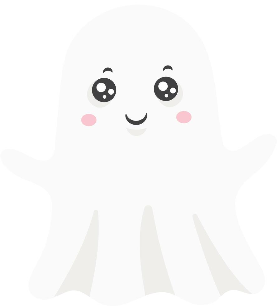 Adorable cartoon ghost with large black eyes and rosy pink cheeks, smiling and waving cheerfully, adding a playful touch to Halloween projects and children's designs vector
