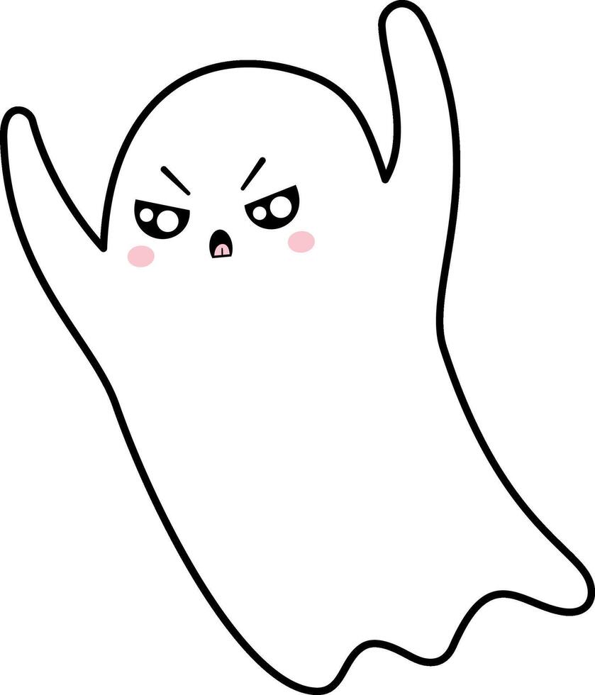 Minimalist illustration featuring a cute little kawaii ghost raising its hands in a display of anger, set against a clean white background, perfect for Halloween themes vector