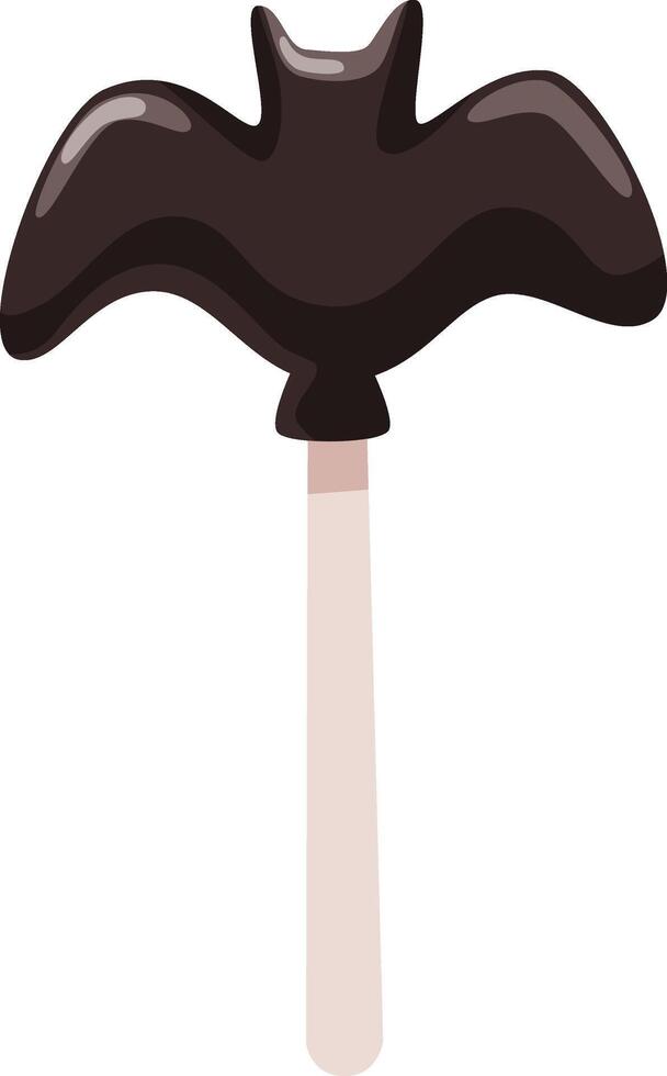 Chocolate lollipop shaped like a bat with spread wings, sitting on a wooden stick, creating a delightful treat for celebrating Halloween with a touch of sweetness and fun vector