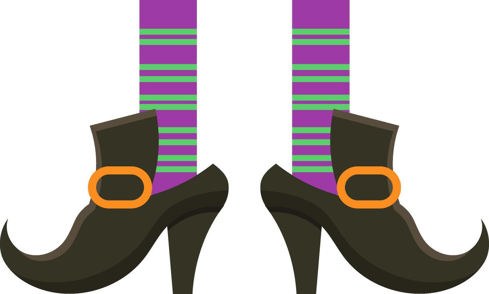 Witch legs adorned in purple and green striped stockings, featuring elegant black shoes with an orange buckle, celebrating at a lively Halloween party vector