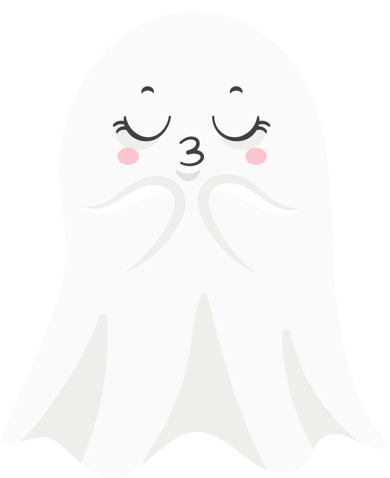 Adorable cartoon ghost with closed eyes, rosy cheeks, and puckered lips blowing a kiss, perfect for Halloween greeting cards, invitations, or children's designs vector
