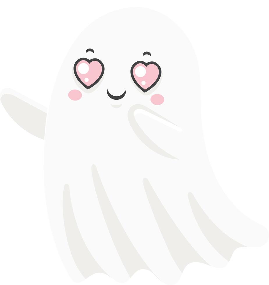 Charming cartoon ghost character waving and smiling with hearts in its eyes, radiating joy and affection, ideal for Halloween or Valentine's Day themed projects vector