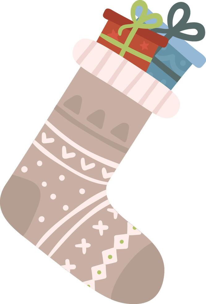 Knitted Christmas stocking adorned with nordic ornaments, filled with beautifully wrapped gifts tied with ribbons and bows, capturing the joy and warmth of winter holiday celebrations vector