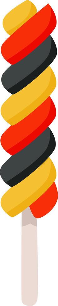 Germany flag colors spiral lollipop with yellow, red and black stripes rotating around a wooden stick, isolated on white background, representing a sweet treat inspired by German culture vector