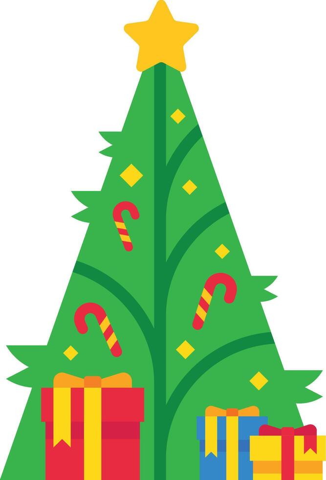 Christmas tree with candy canes, golden star and presents is representing the Christmas spirit, bringing joy and happiness during winter holidays vector