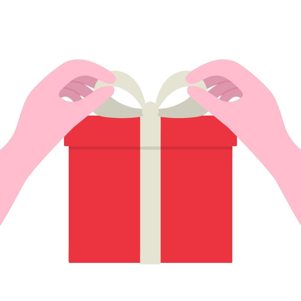 Hands tying a white bow on a red gift box vector
