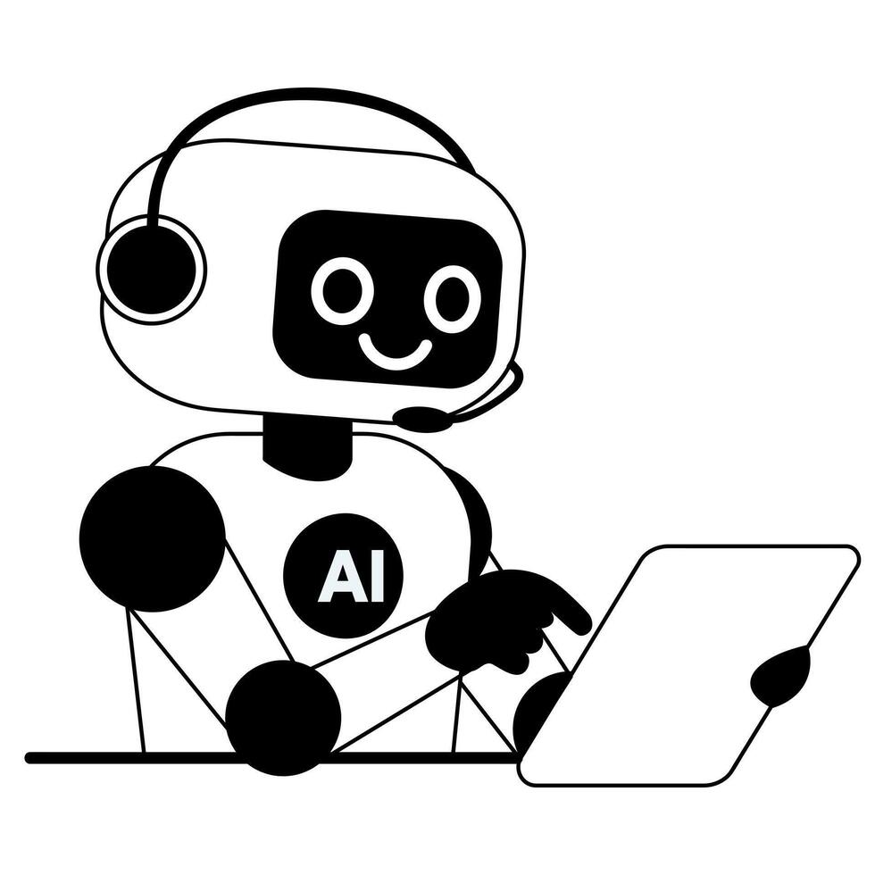Line illustration smiling chat bot with tablet isolated white background vector