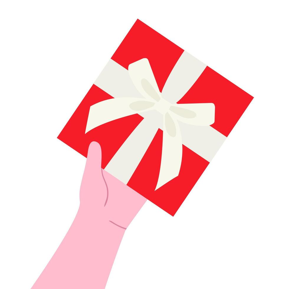 Hand holding red gift box with white ribbon and bow vector