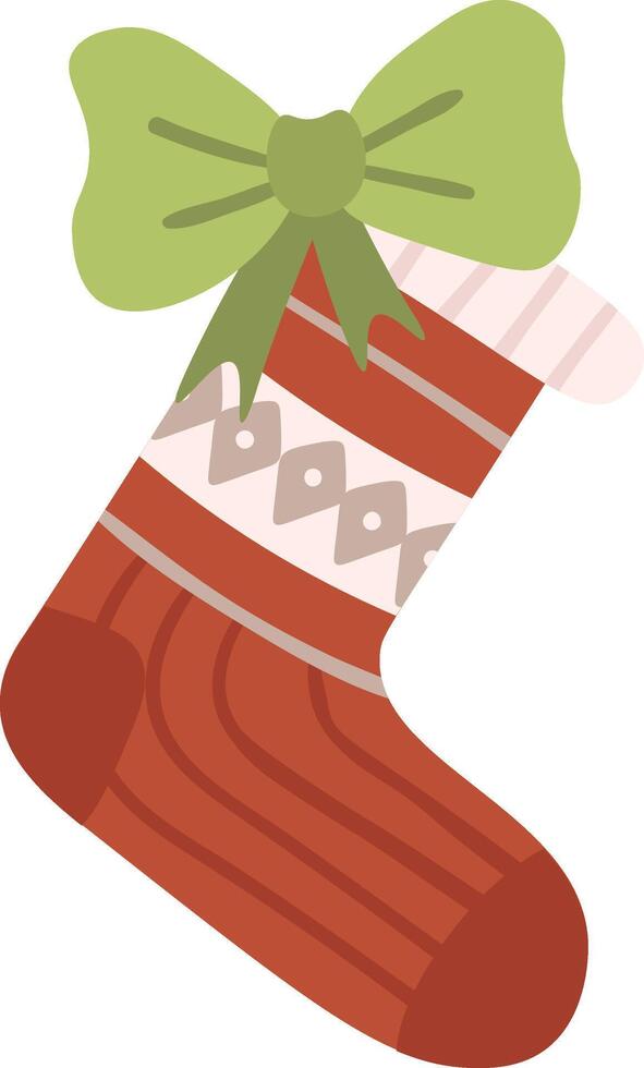 Red Christmas stocking adorned with a green bow and geometric patterns, resting on a white background, eagerly anticipating the joy of being filled with festive gifts vector