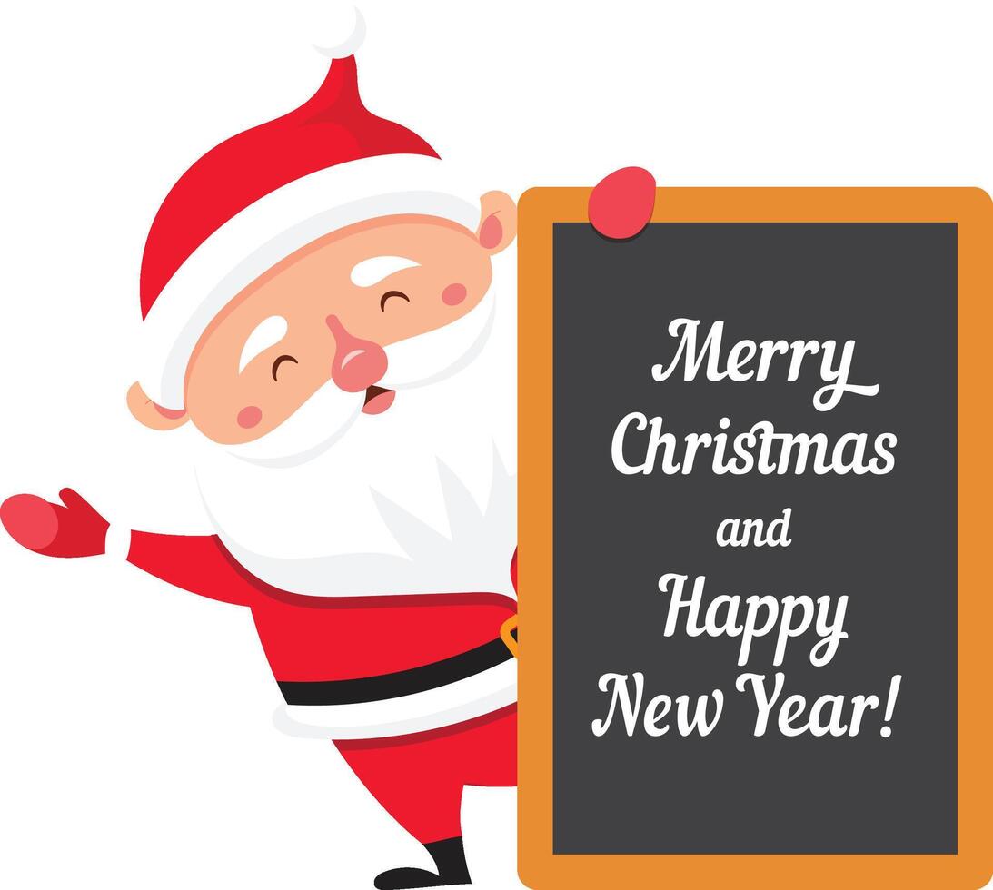 Cartoon Santa Claus joyfully displaying a blackboard featuring a cheerful Merry Christmas and Happy New Year message, perfect for a festive greeting card template vector