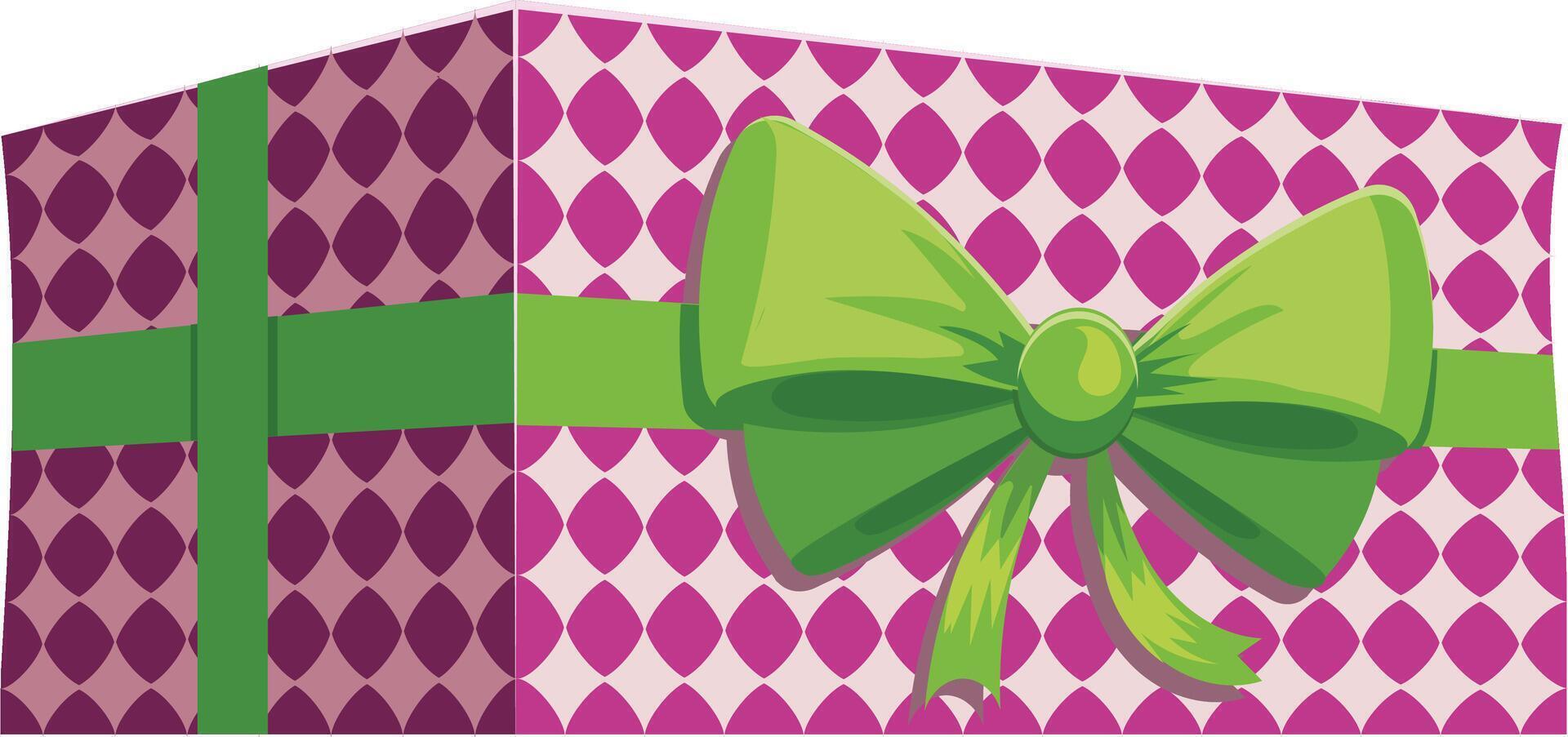 Purple gift box adorned with a geometric pattern, elegantly wrapped in a vibrant green ribbon and bow, embodying celebration, surprise, and joy for special occasions vector