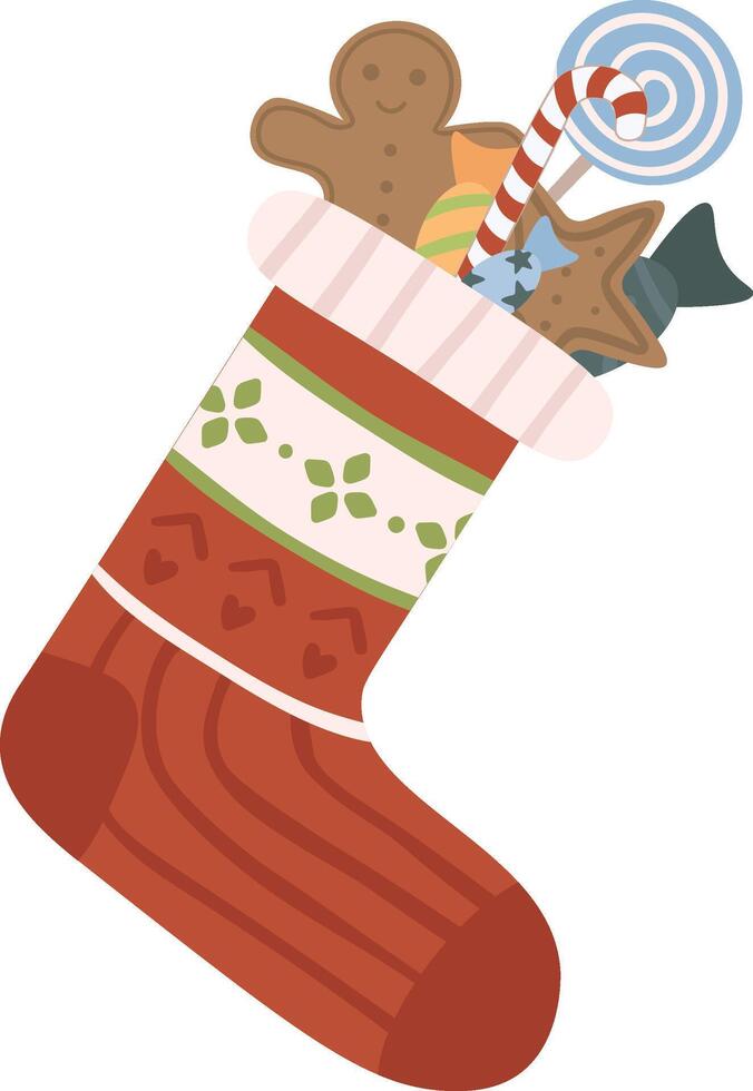 Red Christmas stocking with traditional decorations filled with candy, gingerbread man, star shaped cookies and wrapped sweets celebrating Christmas and winter holidays vector