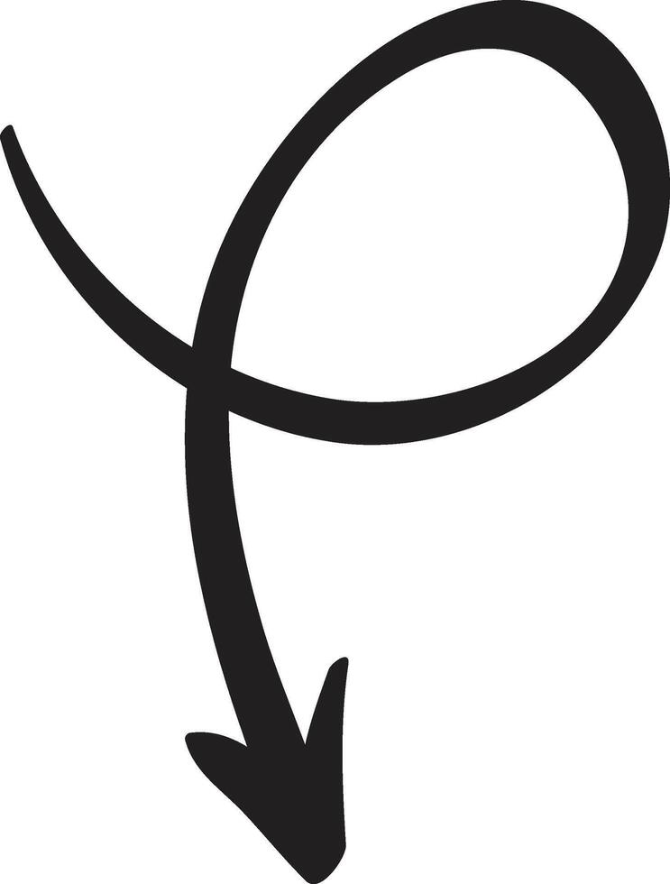 Downward pointing arrow featuring a loop, hand drawn in black ink against a clean white background, symbolizing direction, movement, and emphasis in design and communication vector