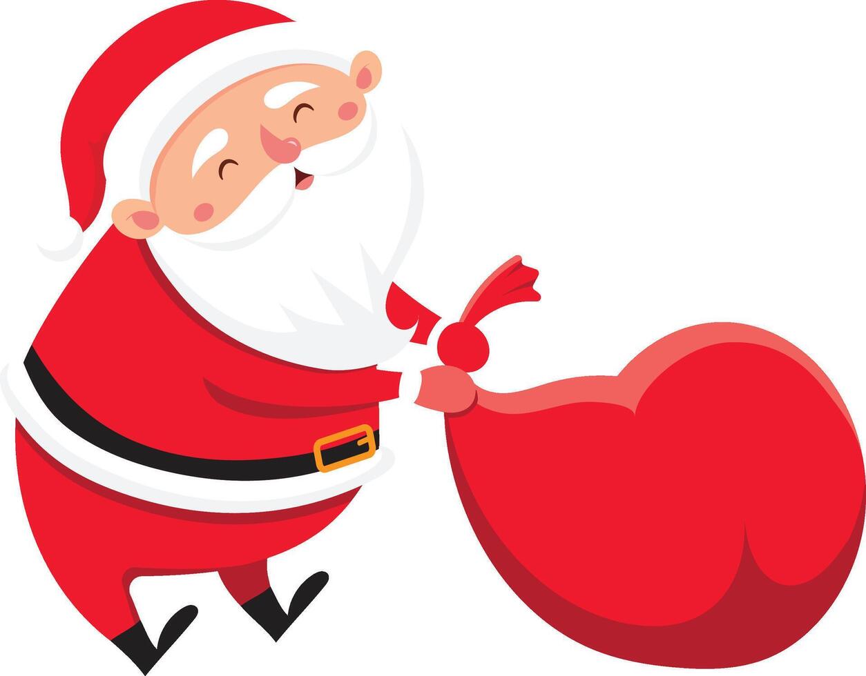 Santa Claus, smiling joyfully, walking on a white background while carrying a large, heavy bag filled with Christmas presents, embodies the festive spirit of the holiday season vector