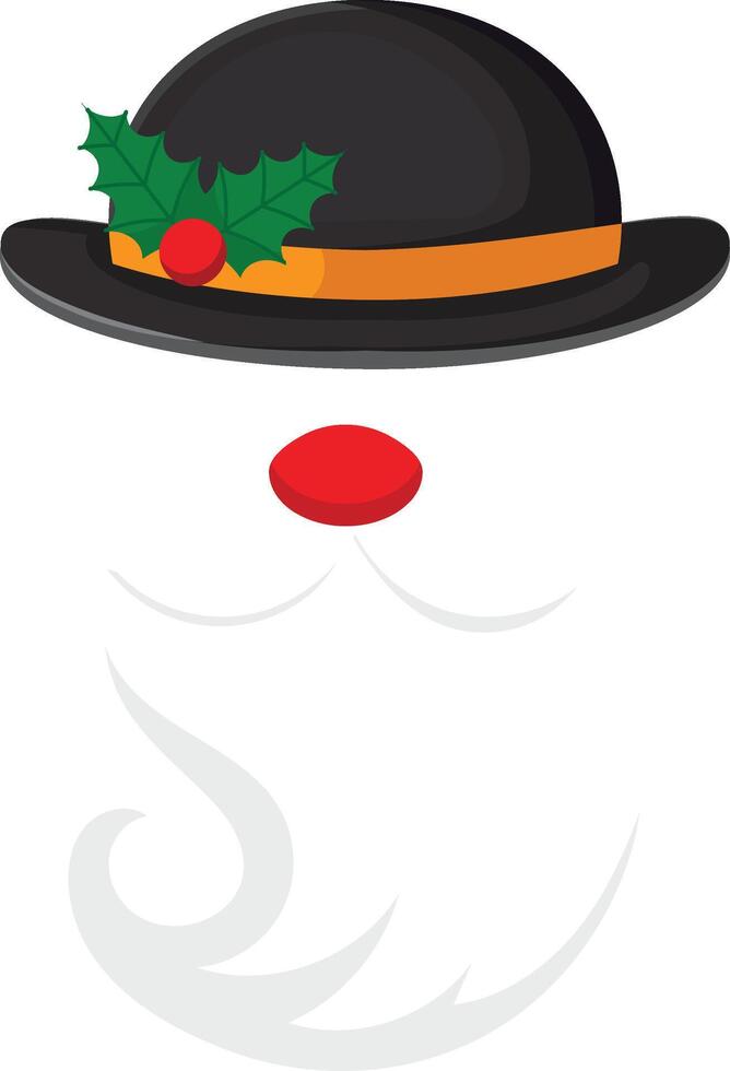 Santa Claus is wearing a bowler hat decorated with holly leaves and berries, showing his red nose and white beard, bringing a touch of vintage style to Christmas celebrations vector