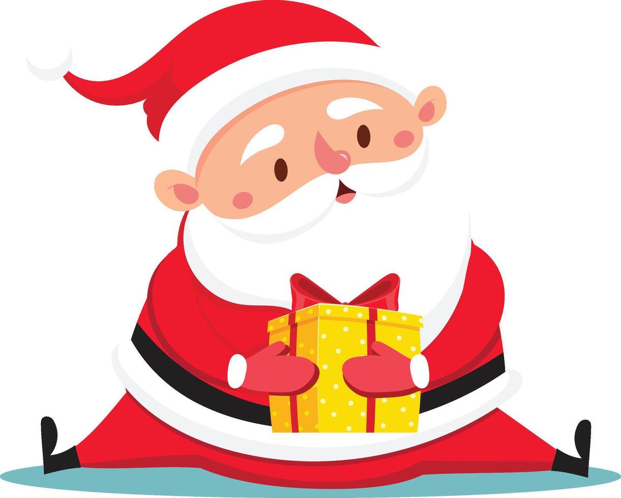 Cartoon Santa Claus wearing a red suit with white fur trim, sitting cross legged and holding a gold gift box with a red ribbon, conveying the spirit of Christmas giving and holiday cheer vector
