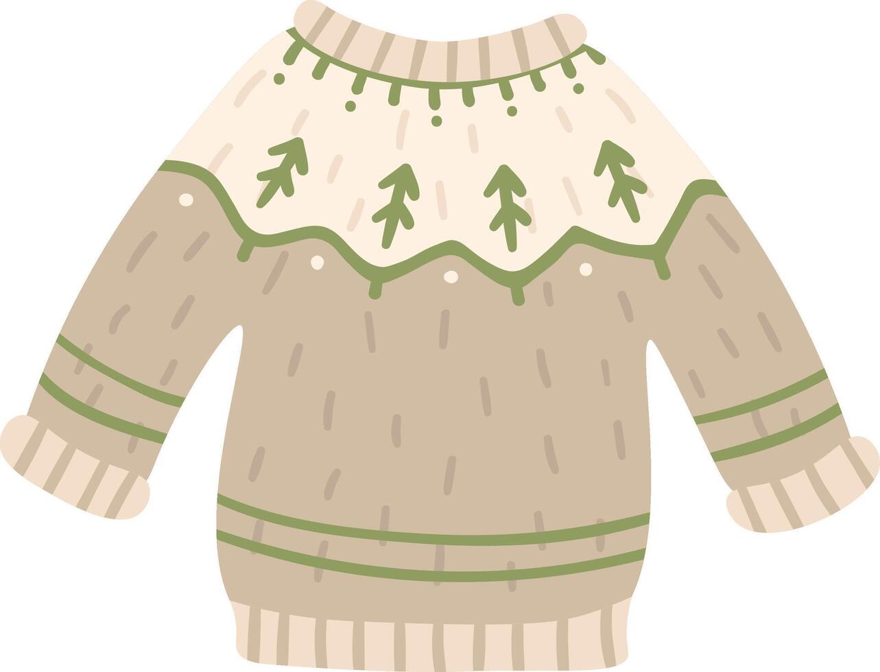 Cozy handmade beige sweater with green fir trees and stripes is perfect for celebrating christmas holidays or enjoying wintertime, bringing warmth and festive mood vector