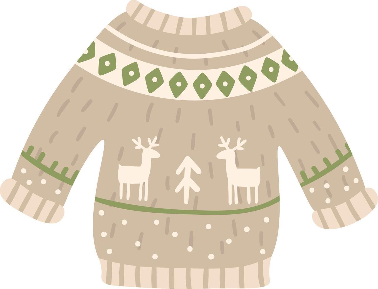 Warm beige christmas sweater with green and white reindeer and fir tree pattern, perfect for winter holidays and celebrations, bringing a festive and cozy atmosphere vector