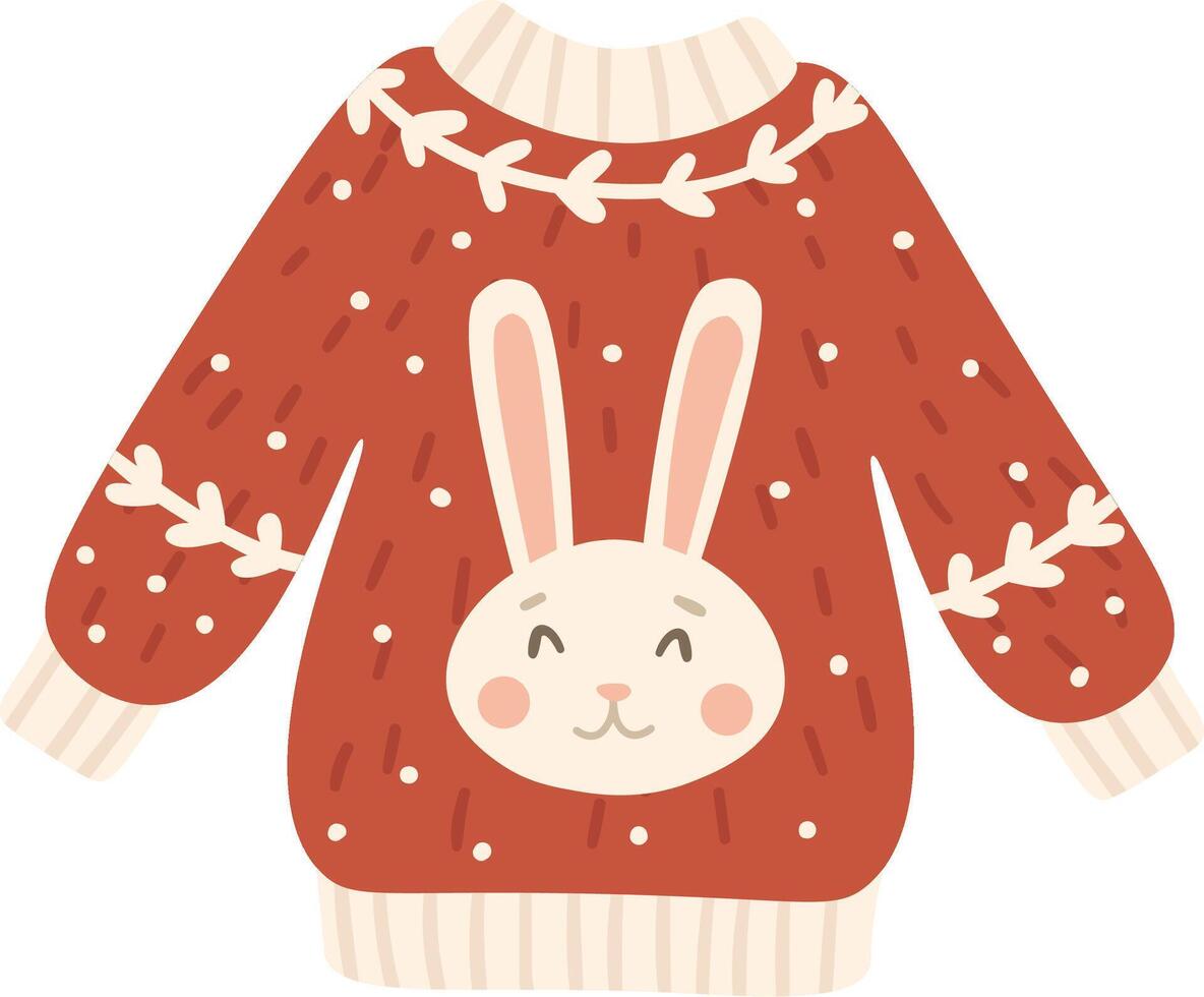 Warm and festive Christmas sweater featuring an adorable bunny design, perfect for adding a touch of whimsy to holiday celebrations, creating a cozy and cheerful atmosphere vector