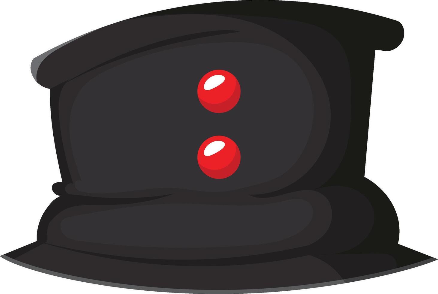 Simple cartoon illustration of a black service peak cap with two red round buttons representing rank insignia, isolated on white background vector