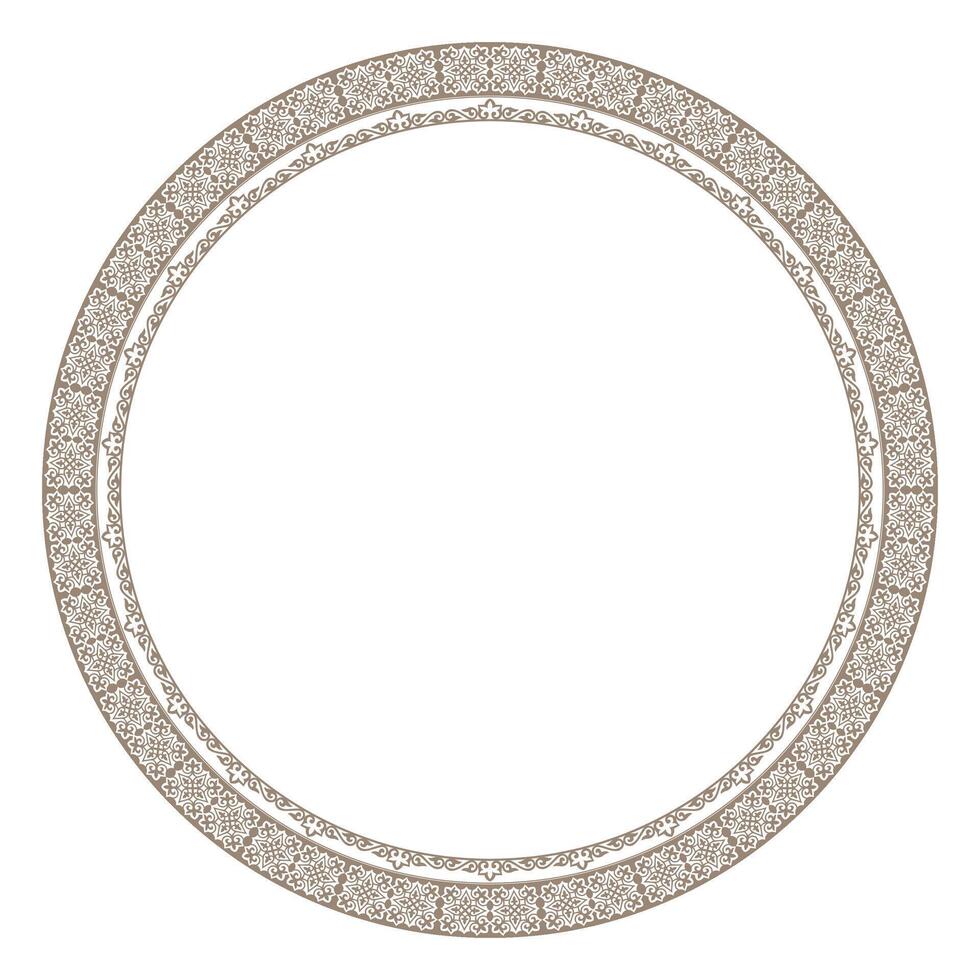Circle oriental gold frame, workpiece for your design. Ornamental elements and motifs of Turkic, Kazakh, Kyrgyz, Uzbek, national Asian decor for plate, textile and print design. Round frame. vector