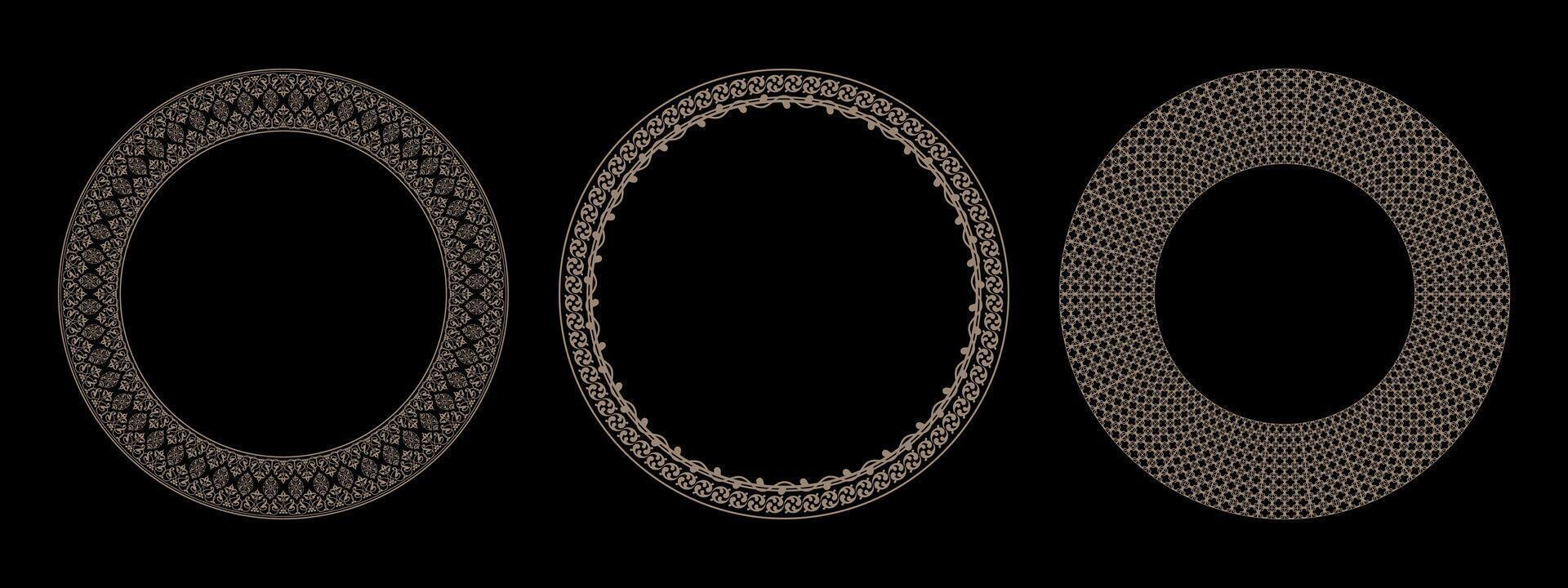 Collection of decorative luxury gold round frames for design. Circle gold modern frame. Egyptian, Assyrian, Greek motif circular frame. Template for textiles, engraving, forging, embroidery, porcelain vector