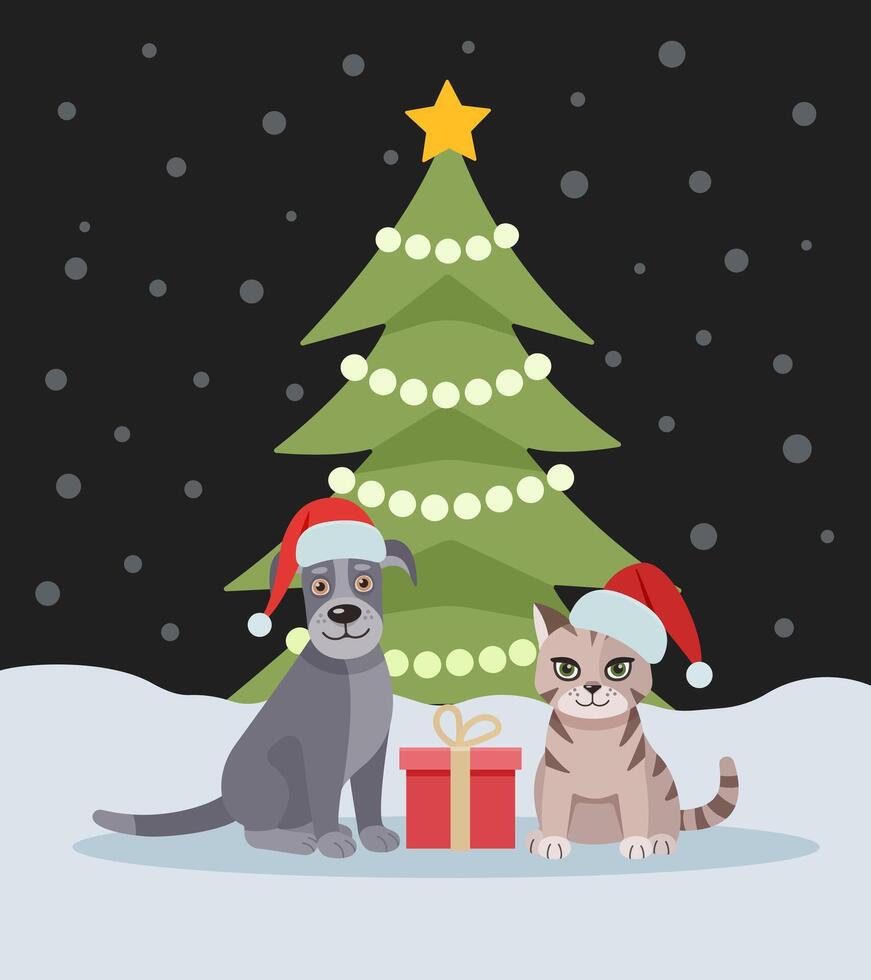 Cute cat and dog near the New Year tree. Christmas card with cat and dog. Happy holidays. Greeting concept. Ideal for print, postcard or label. New Year card. vector