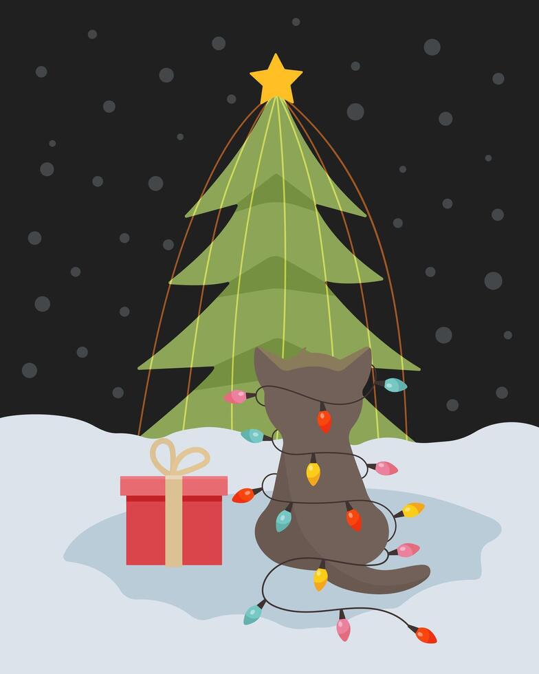 The kitten looks at the Christmas tree. Cute cat near the New Year tree.Christmas card with cat, kitten. Happy holidays. Greeting concept. Ideal for print, postcard or label. New Year card. vector