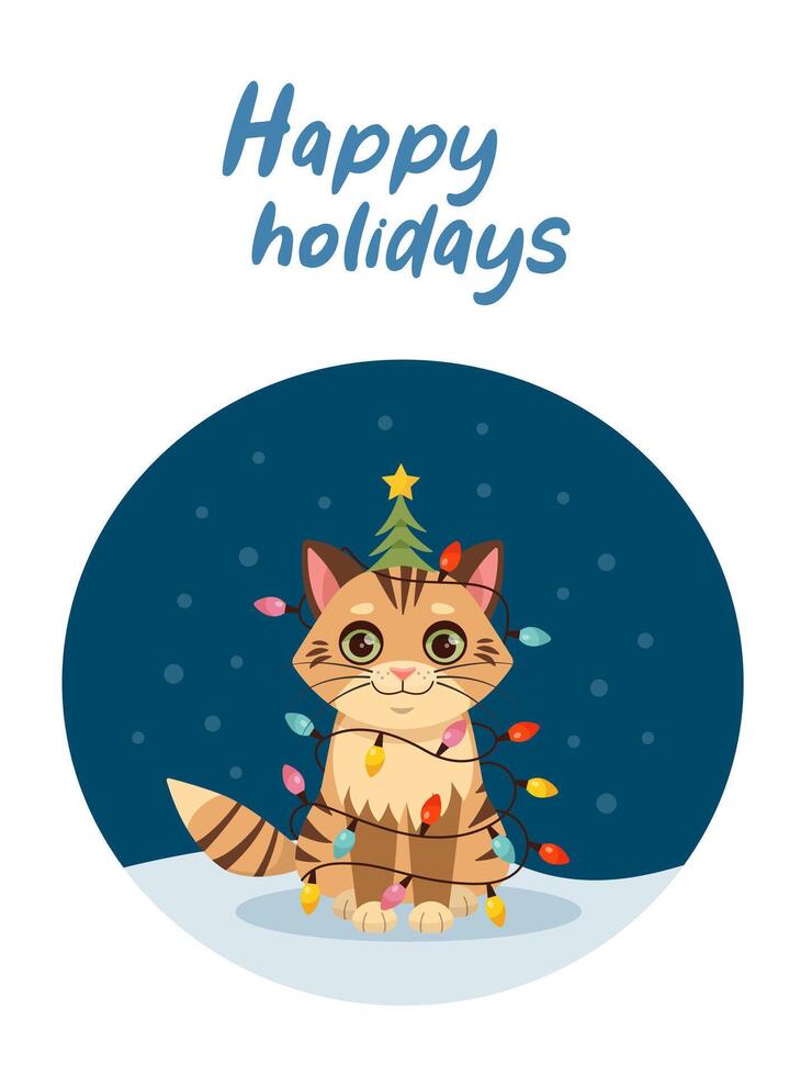 Christmas card with cat, kitten. Happy holidays. Greeting concept. Ideal for print, postcard or label. New Year card. vector